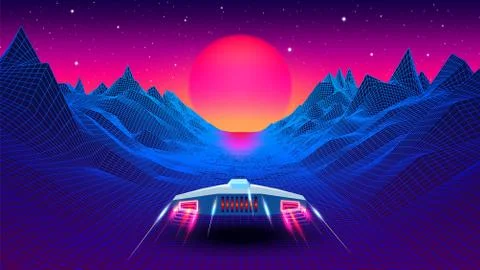Arcade space ship flying to the sun in blue corridor or canyon landscape with Stock Illustration