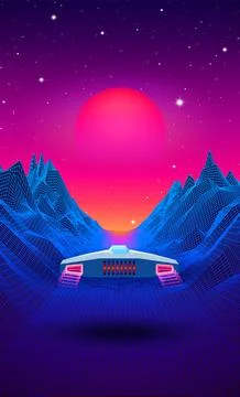 Arcade space ship flying to the sun over the blue landscape with 3D mountains Ilustração Stock