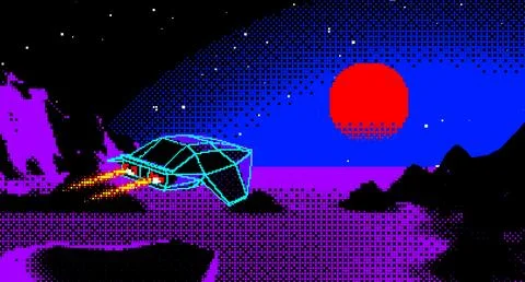 Arcade space ship flying to the sun over the blue landscape in 8bit pixel sty Stock Illustration