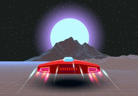 Arcade space ship flying to the sun over synthwave mountain peak Stock Illustration