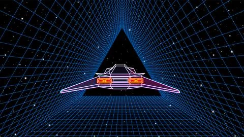 Arcade space ship flying through the triangular gate, 80s style synthwave or Stock Illustration