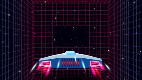 Arcade space ship flying through the triangular gate, 80s style synthwave or Stock Illustration