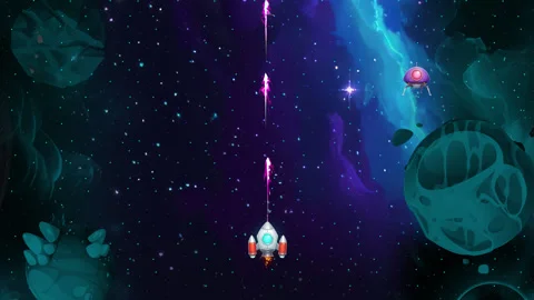 Arcade-style space shooter with a rocket fires at alien UFOs and wins Video stock 319368939