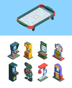 Arcade trainers game machine isometric set. Board game simulators gaming machine Stock Illustration