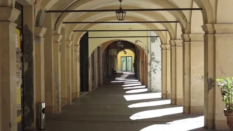 Arcades and shadows in busseto parma italy Stock Footage 76017378