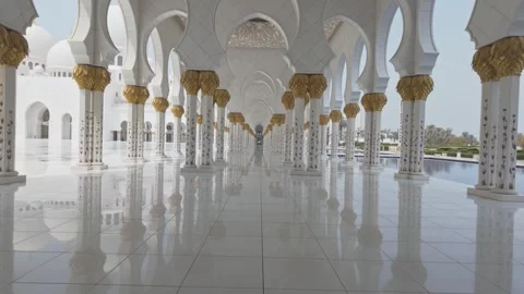 Arcades of Sheikh Zayed Grand Mosque, marble columns decorated with floral Stock Footage 327552944
