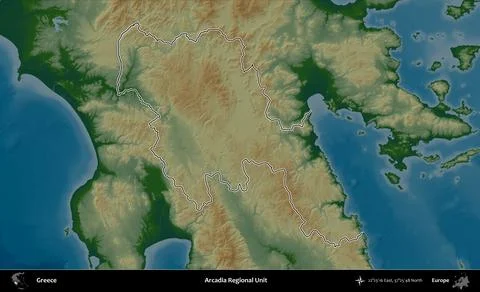 Arcadia Regional Unit outlined, Greece. Physical Stock Illustration