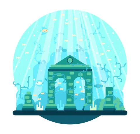 The arch and destroyed columns stand on the seabed among fish and algae Stock Illustration