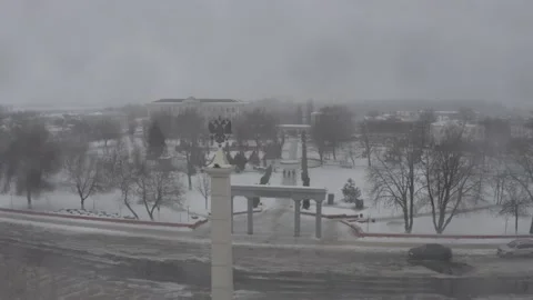 Arch and Stella in Russian small town at winter Drone Stock Footage 147546602