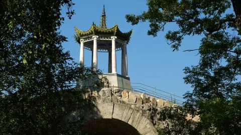 Arch-bridge named the Large Caprice topped by Chinese summer house, Pushkin Stock Footage 316090025