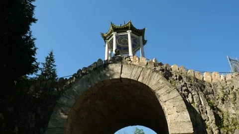Arch-bridge named the Large Caprice topped by Chinese summer house in Pushkin Stock Footage 316090071