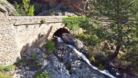 An Arch Bridge Over Cascading Waters in Corsica Stock-Footage 253542802