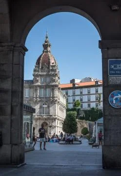 Arch building view to Main Square of a Coruna summer Stock Photos