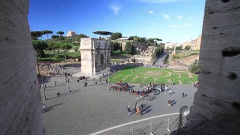 Arch of Constantine and Palatine Hill from Colosseum, Rome, Italy Stock Footage 83441948