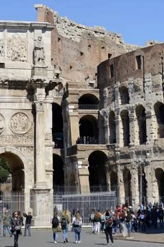 The Arch of Constantine is located next to the Colosseum in Rome. Via di San Stock Photos