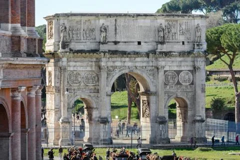 The Arch of Constantine is located next to the Colosseum in Rome. Via di San Stock Photos