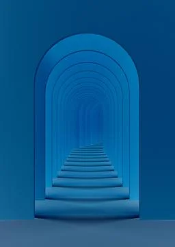 Arch corridor dark blue background. Abstract dark blue surreal 3d render. Stock Illustration