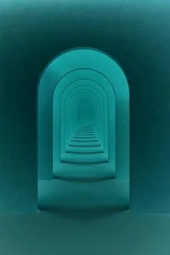 Arch corridor teal green interior background. Abstract teal green surreal 3d Stock Illustration