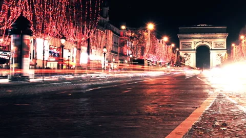 Arch De Triomphe And Champs Elysees Traffic At Night, Time-Lapse. Stock Footage 99445004
