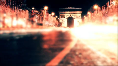 Arch De Triomphe And Champs Elysees Traffic At Night, Time-Lapse. 库存影片 123762770