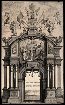 An arch decorated with a panel representing Ferdinand of Spain as Hercules .. Stock Illustration
