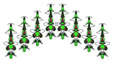 Arch of Eight Symmetrical Insect-Like Line Art Figures in Green, Dark Green, and Stock Illustration