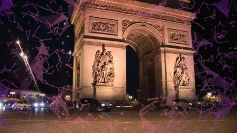 Arch glowing as white car crossing starting traffic and pink overlay drifting, Stock Footage 329454324