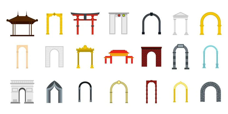 Arch icon set, flat style Illustrazione stock