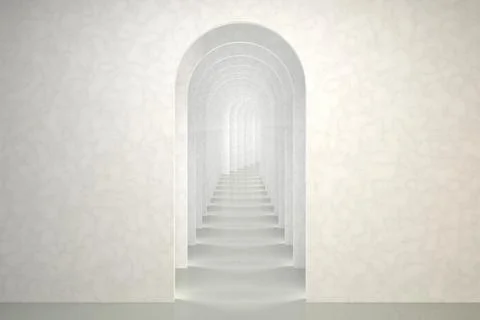 Arch infinite corridor white background. Abstract surreal 3d render. Illustrazione stock
