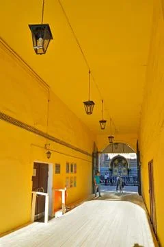Arch with lanterns in front of the Cathedral of the Savior on Blood on Griboe Stock Photos