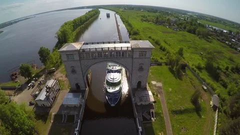 Arch lock from above Volga river cruise ship Russian nature tourism Aerial  Video stock 80581551