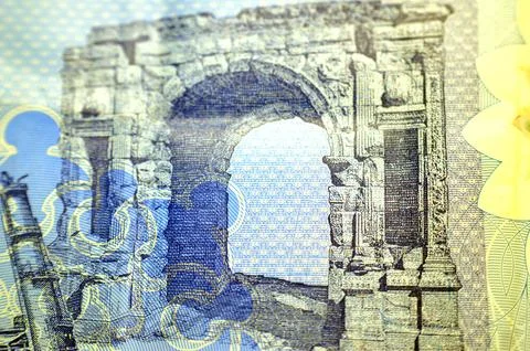 Arch of Marcus Aurelius in Tripoli from the reverse side of 1 LYD one Libya.. Stock Photos