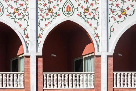 Arch with a Moroccan pattern on the balcony of a five-star hotel Stock Photos