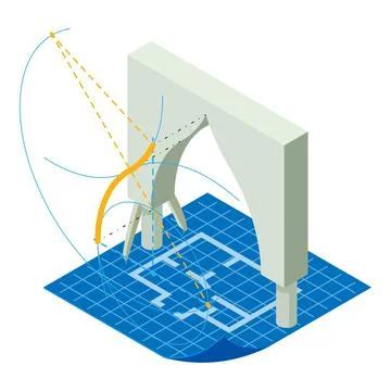 Arch project icon isometric vector. Realistic model figured arch on blue print Ilustración de archivo