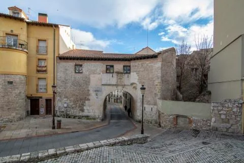 The arch of San Gil is an old gate in the wall of the city of Burgos Stock Photos