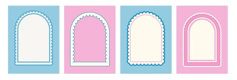 Arch scallop frames set. Wavy edges geometric doodle template isolated on Wave イラスト素材