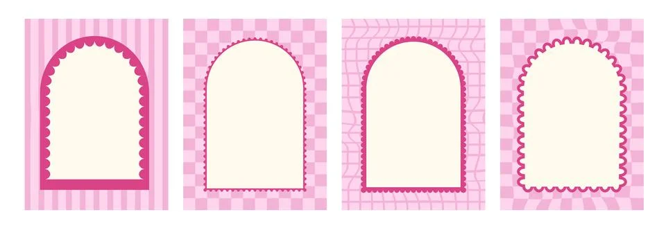 Arch scallop pink frames set. Wavy edges geometric doodle templates. Wave arc イラスト素材