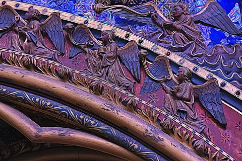 Arch Segment of cathedral with winged angels blues and reds 写真素材