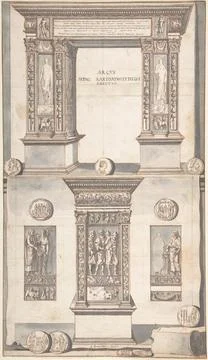 Arch of Septimius Severus, Frontal Elevation (above) and Side View (below) .. Stock Illustration