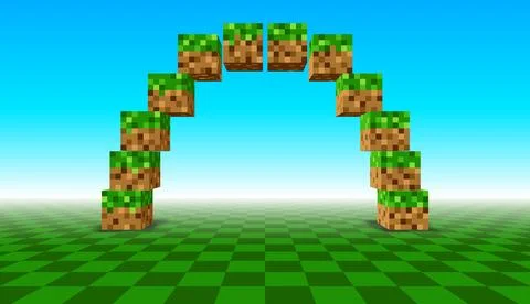 Arch shape made of 3D cubes in retro pixel game style. Voxel cubes with grass Ilustración de archivo