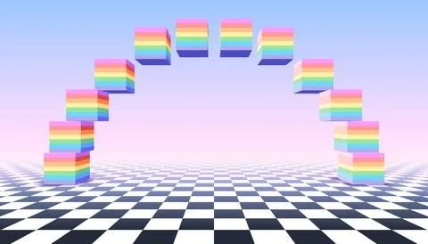Arch shape made of 3D rainbow cubes in retro pixel game style and vaporwave c Ilustración de archivo