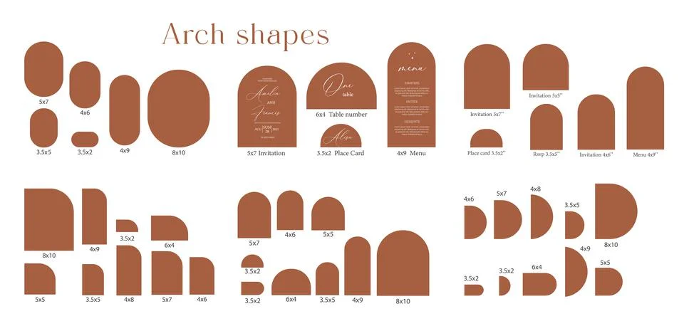 Arch Shape set template, Arch Wedding invitations, laser cut invitation, menu Stock Illustration