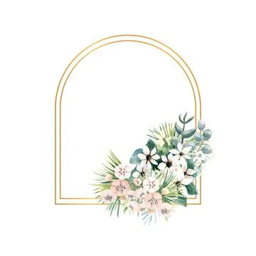 Arch-shaped gold frame with small flowers of actinidia, bouvardia, tropical and Stock Illustration