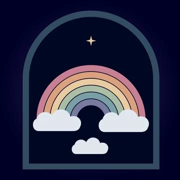 Arch shaped rainbow frame with floating clouds and night star for whimsical.. Stock-Illustration