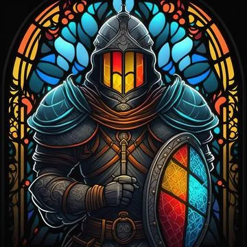 Arch stained glass window with medieval knight. 3D illustration Stock Illustration