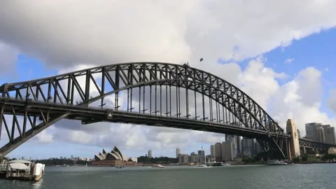 Arch of Sydney Harbour bridge under swift clouds in time lapse 4k. Stock Footage 148418030