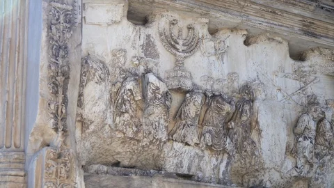 The arch of titus. Jerusalems spoils. Army. lamp stand. famous. 70 c.e. Stock Footage