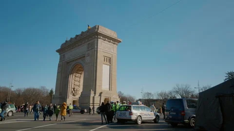 Arch of Triumph in Bucharest, square monument tourist Stock Footage 171427598