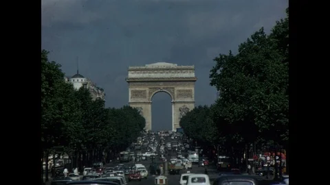 The Arch of Triumph, classic view up Champs Elysees cars and traffic, Paris, Stock Footage 85853205