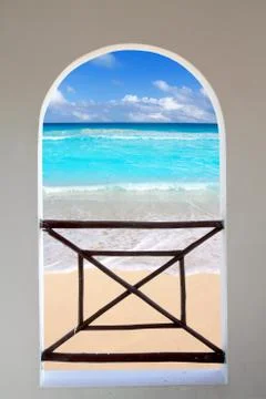 Arch window tropical Caribbean beach seen through Stock Photos